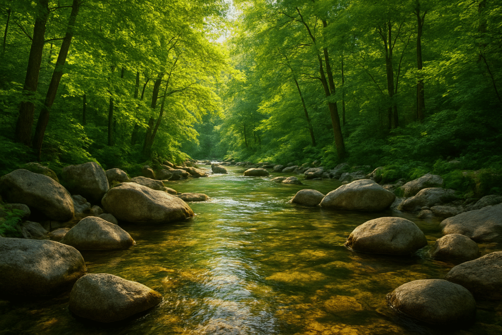 Rio com águas transparentes cercado por árvores verdes, simbolizando purificação, harmonia e o fluxo da vida nos sonhos com natureza.
