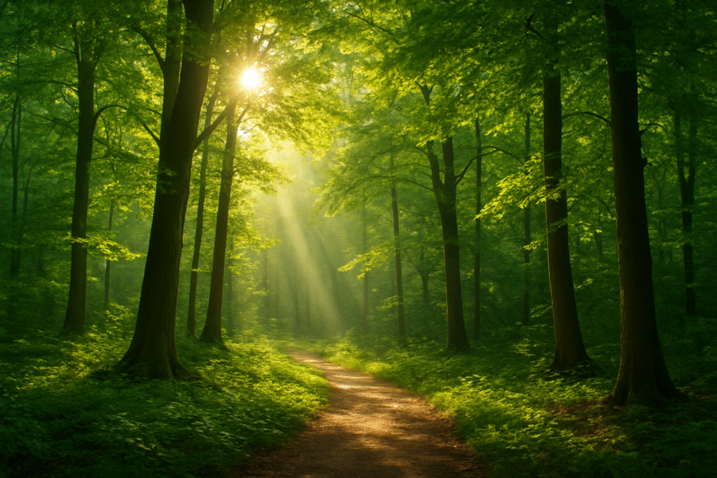 Caminho na floresta iluminado pelo sol, representando paz interior e renovação espiritual ao sonhar com a natureza.
