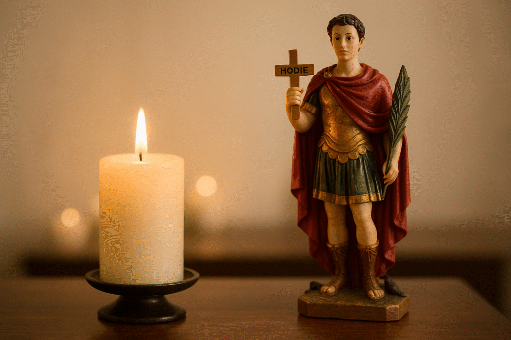 Estátua de Santo Expedito ao lado de uma vela acesa, representando fé, proteção e pedidos urgentes associados ao santo.