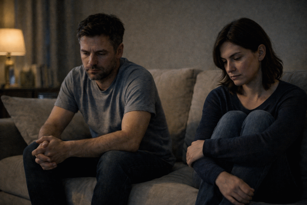 Casal sentado no sofá em silêncio, clima de distanciamento emocional relacionado a sonho de traição da esposa.