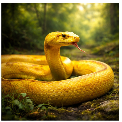 Cobra amarela enrolada em ambiente natural, símbolo de atenção, intuição e discernimento nos sonhos.