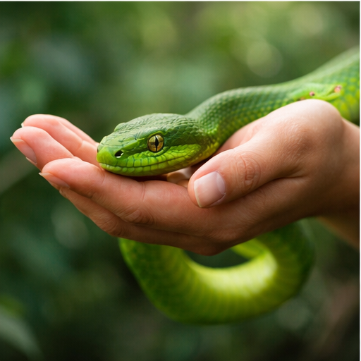 Mãos humanas segurando uma cobra verde com calma, representando controle emocional e consciência.