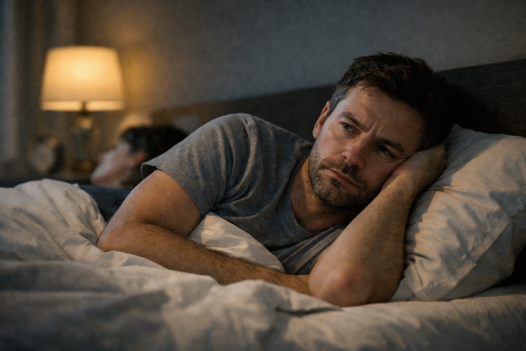 Homem acordado na cama durante a noite, com expressão pensativa após sonhar com traição da esposa.