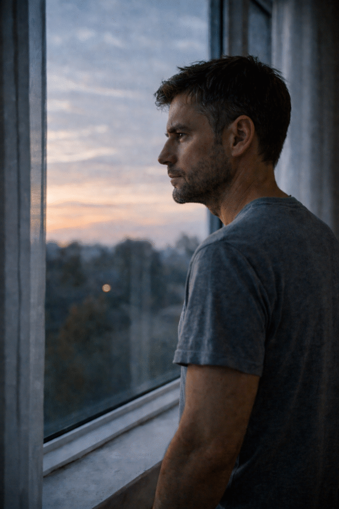 Homem olhando pela janela ao amanhecer, em momento de introspecção após sonhar com traição da esposa.