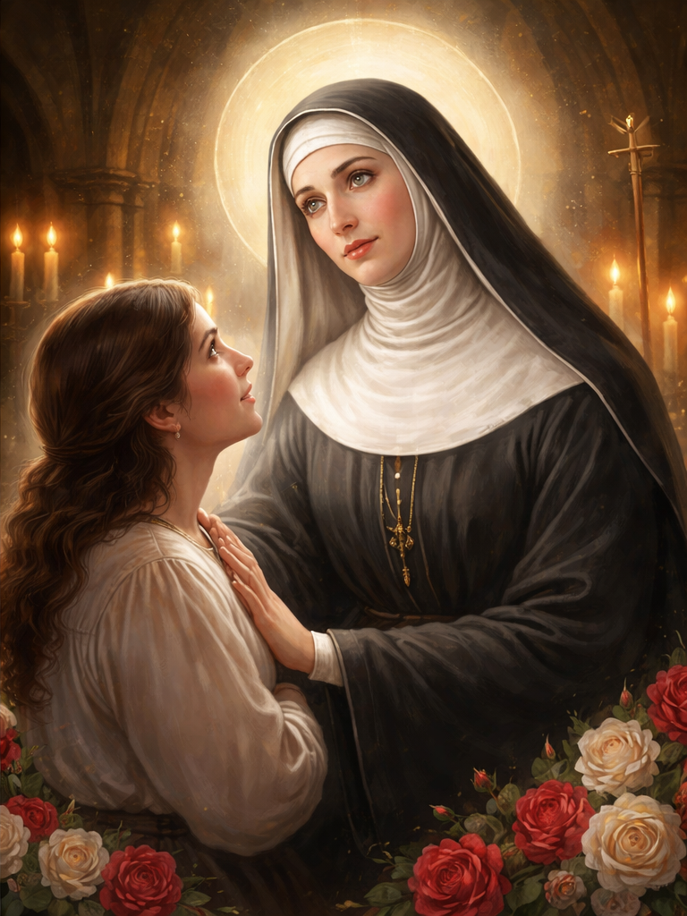 santa rita de cássia tocando o coração de uma jovem em sonho, representando fé, cura emocional e significado espiritual