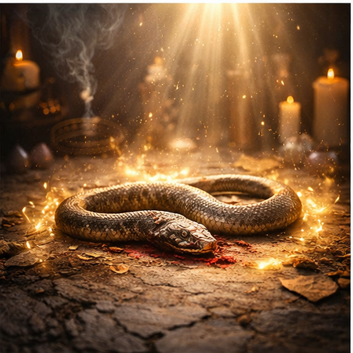 Cena simbólica espiritual representando limpeza energética após sonhar com cobra morta