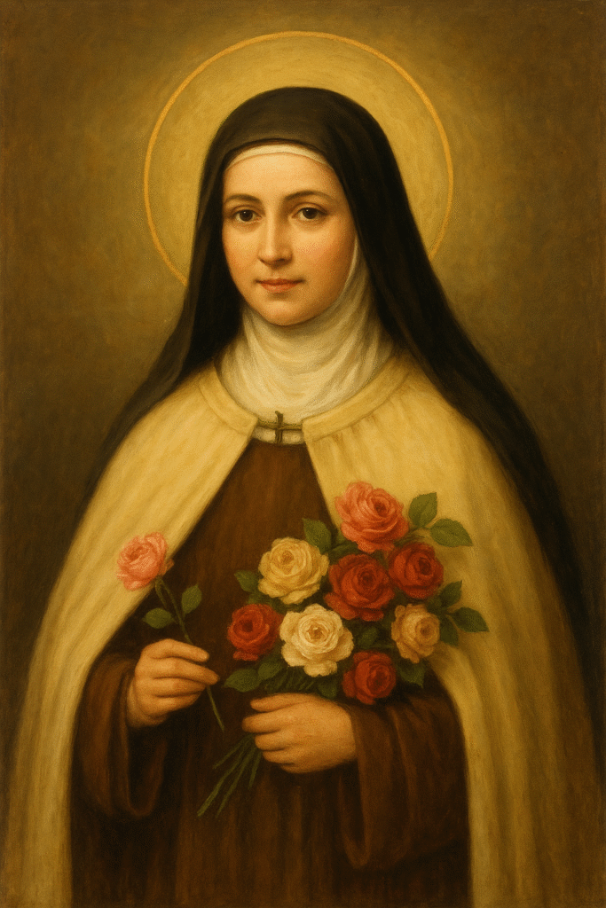 Imagem de Santa Teresinha do Menino Jesus segurando um buquê de rosas, simbolizando amor, fé e esperança ligados ao significado de sonhar com Santa Teresinha.