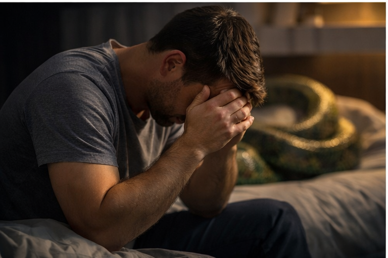 Pessoa em reflexão emocional após sonhar com cobra viva e sentir alerta interno