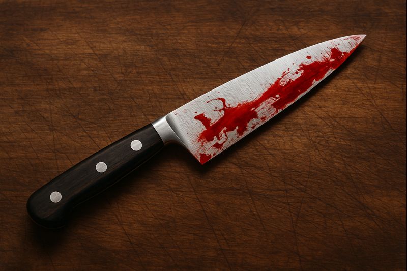 fotografia de uma faca de cozinha com lâmina suja de sangue sobre uma tábua, representando o significado espiritual e emocional de sonhar com faca