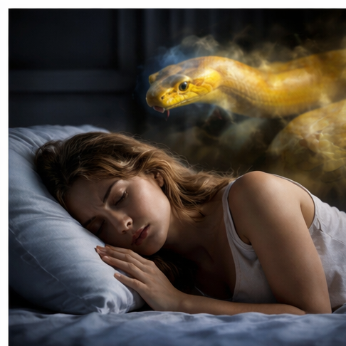Pessoa dormindo enquanto uma cobra amarela aparece simbolicamente no sonho, representando alerta e consciência emocional.