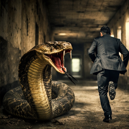Cobra grande correndo atrás de uma pessoa em ambiente escuro, simbolizando ansiedade e fuga emocional no sonho.