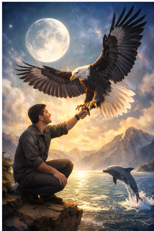 Homem interagindo com águia, golfinho e lua, simbolizando o significado espiritual de sonhar com animais