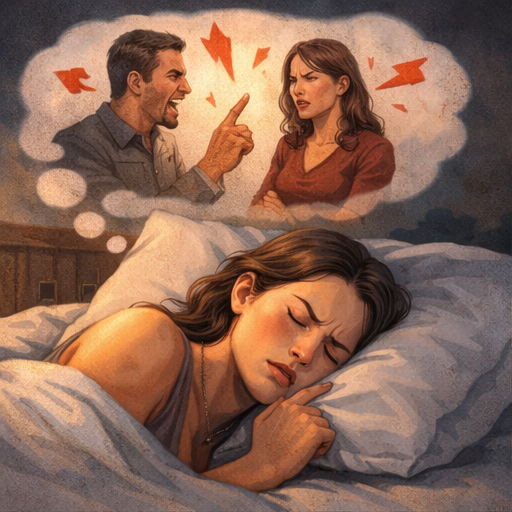 Pessoa dormindo enquanto sonha com discussão, representando sonhar com aborrecimento e conflitos emocionais reprimidos.