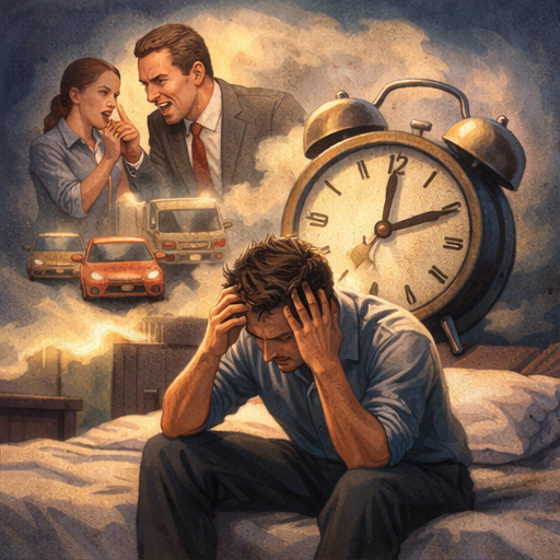 Homem angustiado em sonho com sensação de pressão e irritação, simbolizando aborrecimento acumulado no subconsciente.