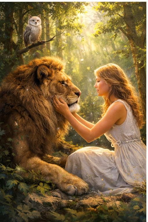 Mulher tocando um leão na floresta, representação do significado de sonhar com animais e da conexão entre instinto e proteção