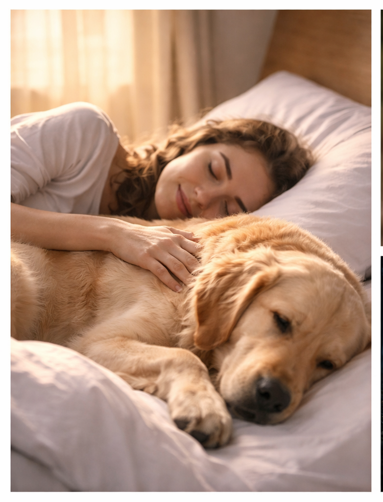 Sonhar com cachorro dócil dormindo ao lado de uma pessoa, simbolizando lealdade, proteção e tranquilidade emocional.