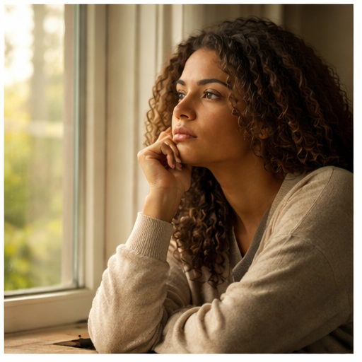 Pessoa pensativa olhando pela janela, refletindo após sonhar com cobra amarela e buscar compreensão do sonho.
