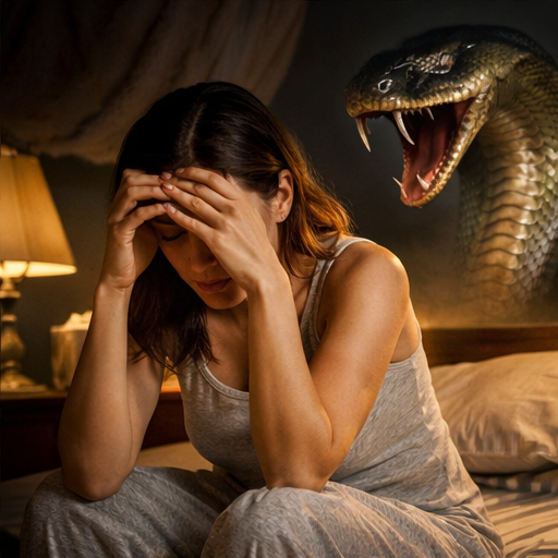 Pessoa sentada em estado de angústia enquanto imagina uma cobra atrás dela, simbolizando o impacto emocional do sonho.