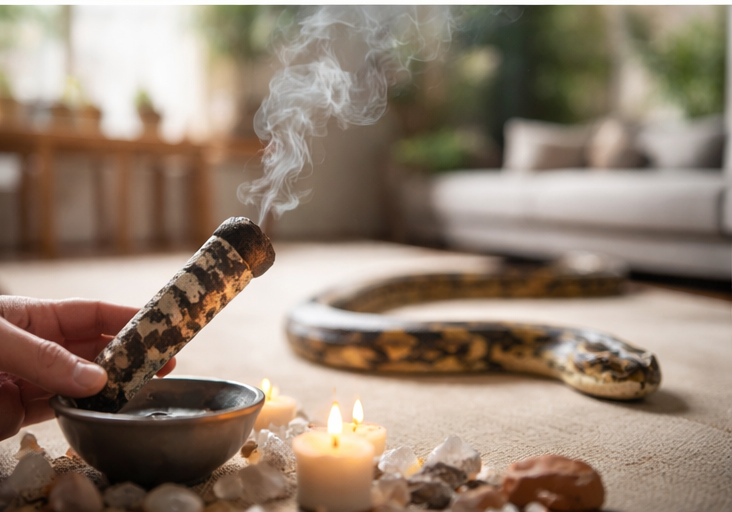 Ambiente espiritual com cobra dentro de casa representando alerta e reflexão interior
