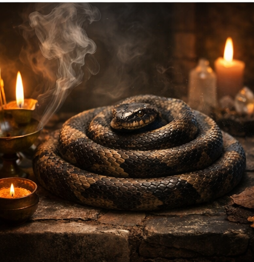 Sonhar com cobra enrolada em ambiente espiritual simbolizando energia interior e proteção espiritual.