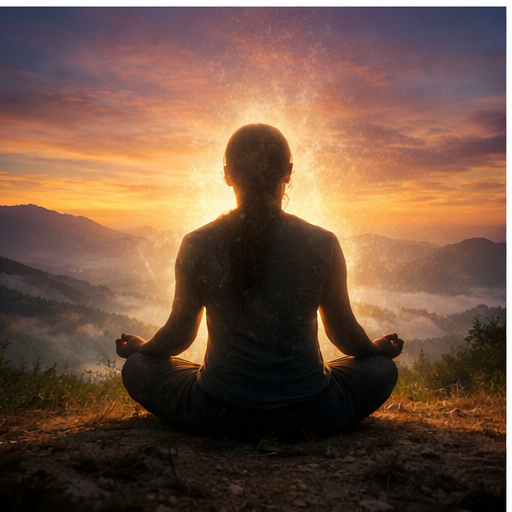 Pessoa meditando ao pôr do sol simbolizando proteção espiritual após sonhar com cobra fugindo