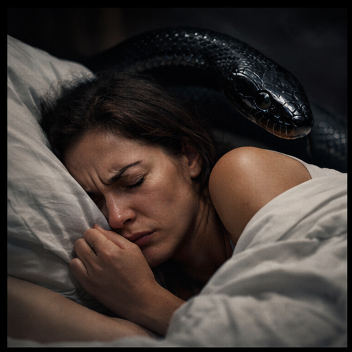 Sonhar com cobra preta representado por uma pessoa dormindo com expressão de medo e sensação de ameaça no ambiente