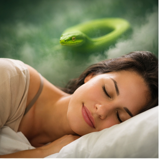 Pessoa dormindo tranquilamente enquanto uma cobra verde aparece de forma simbólica no sonho, representando crescimento emocional.