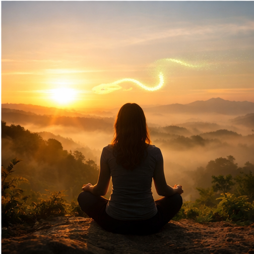 Pessoa meditando ao nascer do sol com energia verde simbólica, associada à cura e equilíbrio espiritual.