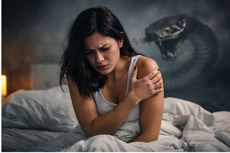 Pessoa assustada após sonhar com cobras picando, refletindo medo e tensão emocional