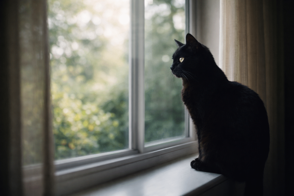 gato preto olhando pela janela, simbolizando mistério, intuição e interpretação espiritual de sonhar com gato preto