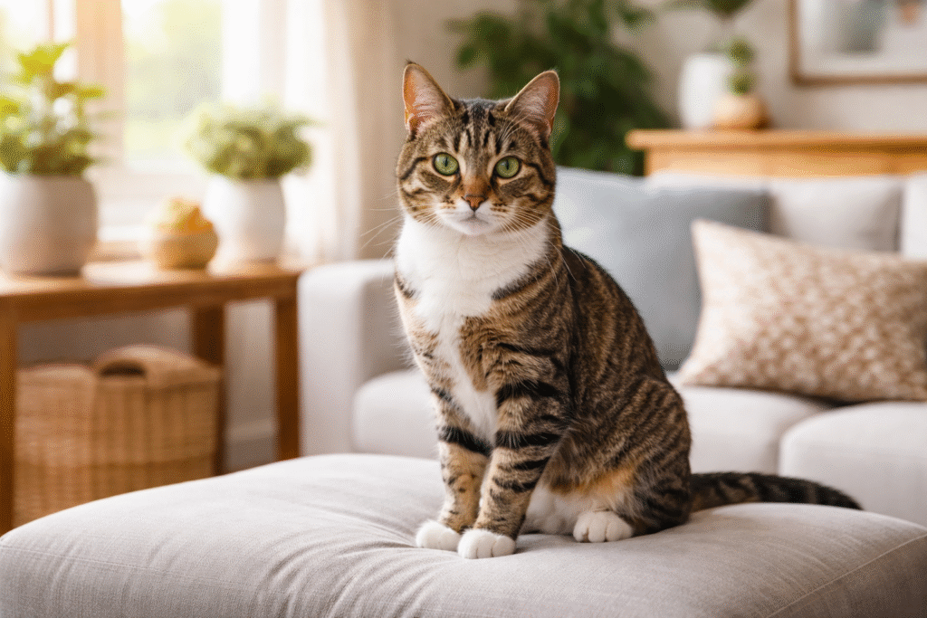 gato rajado sentado dentro de casa, representando proteção, equilíbrio emocional e o significado de sonhar com gato