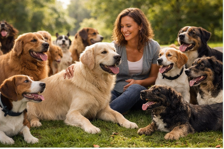 Muitos cachorros amigáveis brincando com uma mulher em um parque representando amizade e lealdade no sonho