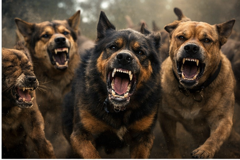 Grupo de cachorros agressivos rosnando e mostrando os dentes representando conflitos e alertas em sonhos