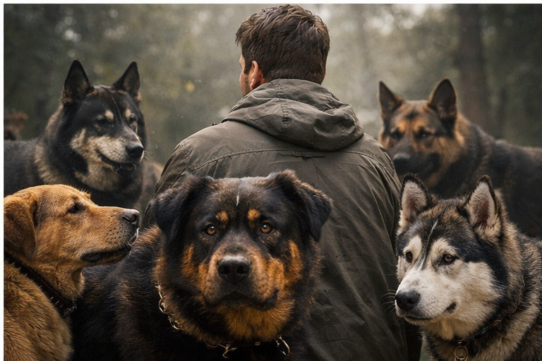 Homem cercado por vários cachorros protetores em uma floresta simbolizando proteção espiritual e segurança