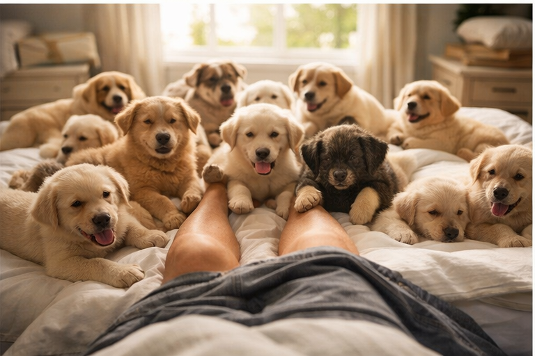 Vários filhotes de cachorro fofos em uma cama representando novos começos e felicidade em sonhos