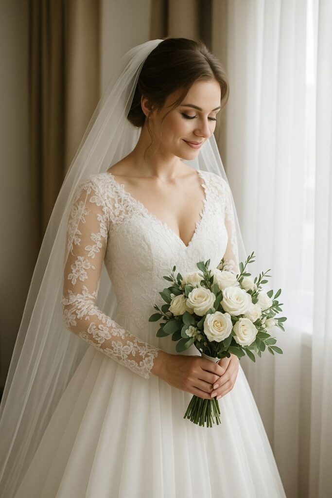 Sonhar com noiva segurando buquê de flores, representando união, realização de desejos e mensagens espirituais positivas.