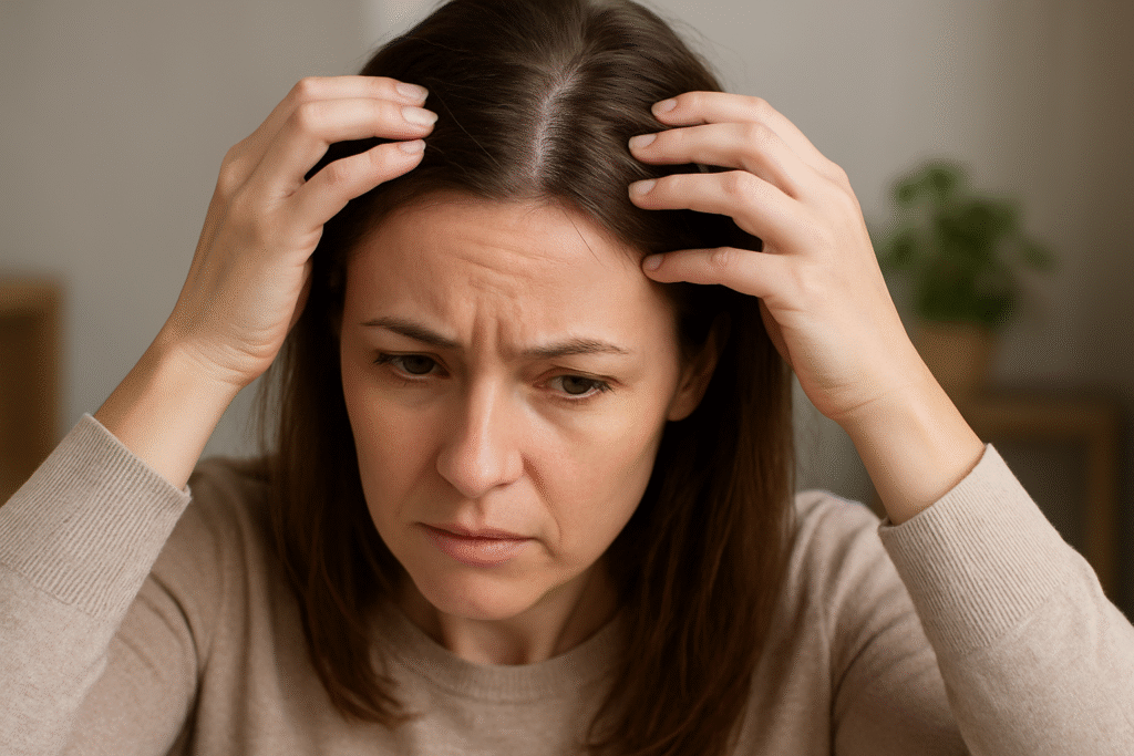 mulher com expressão de preocupação tocando a cabeça, representando o significado de sonhar com piolho e ansiedade mental