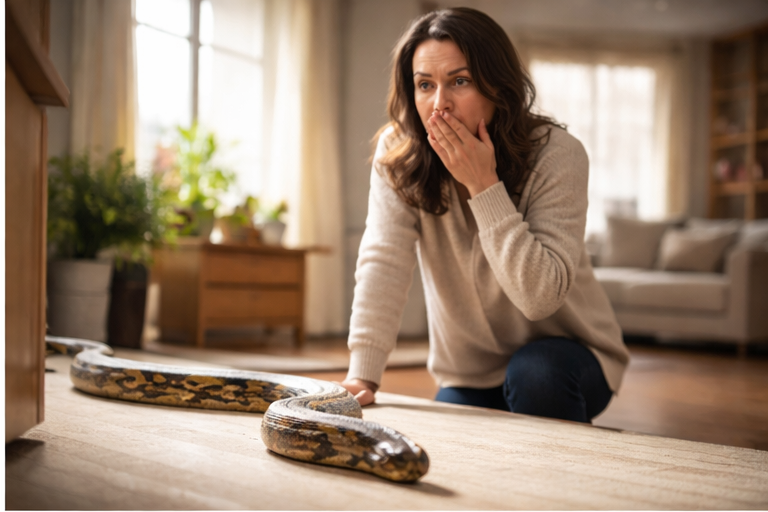 Pessoa assustada ao ver uma cobra dentro de casa durante um sonho simbólico