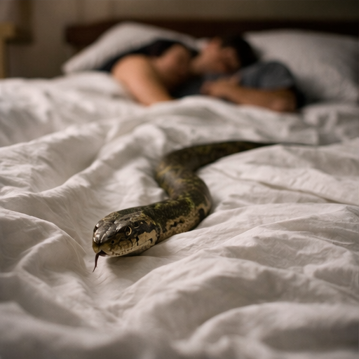 Cobra se aproximando da cama em ambiente noturno simbolizando alerta do sonho