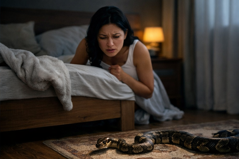Sonhar com cobra no quarto causando medo e desconforto durante o descanso