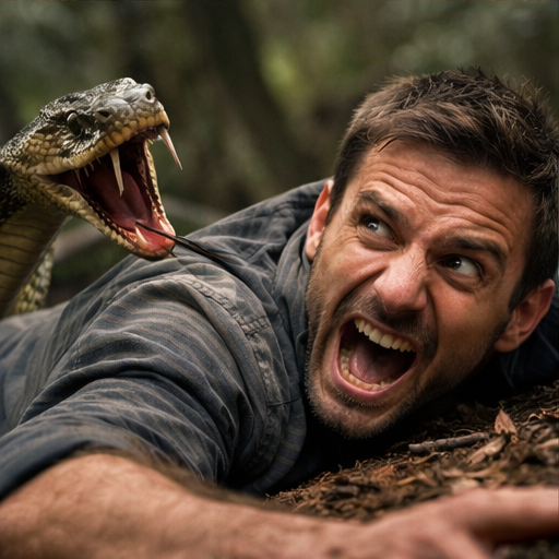 Homem assustado tentando escapar de uma cobra que corre atrás dele, representando o sonho de perseguição.
