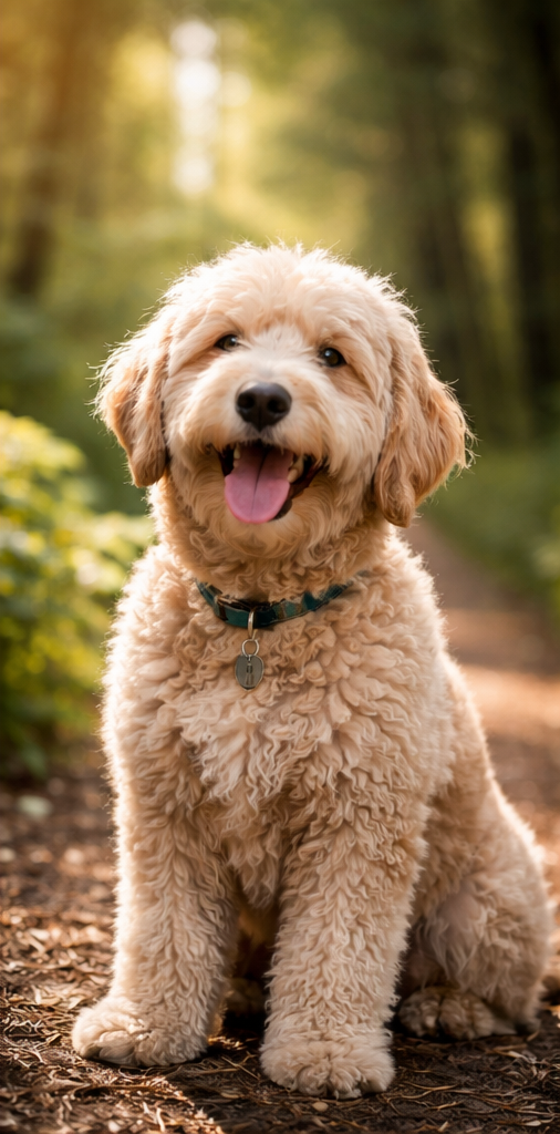 Cachorro dócil sentado em caminho arborizado, transmitindo calma e harmonia emocional.