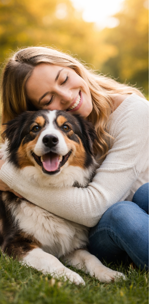 Mulher abraçando cachorro dócil em ambiente natural, simbolizando afeto e segurança emocional no sonho.