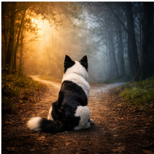 Cachorro de duas cores dormindo em cenário simbólico que representa equilíbrio e dualidade no sonho