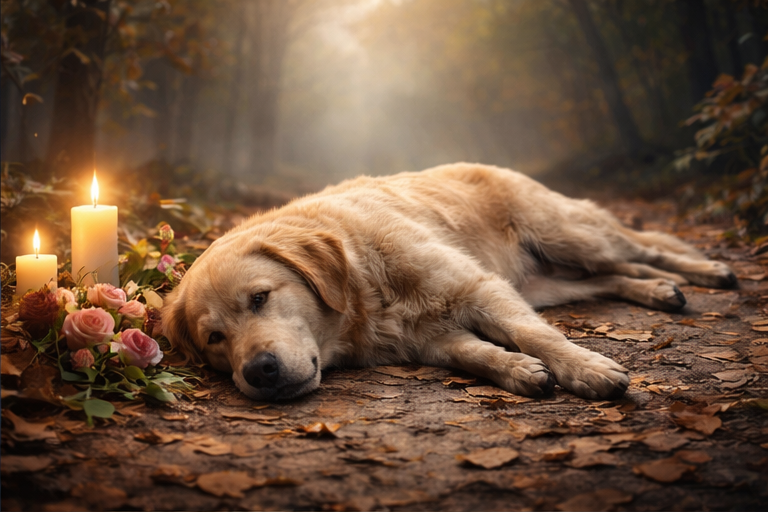 Cachorro morto deitado no chão com velas e flores, representando luto simbólico em sonho