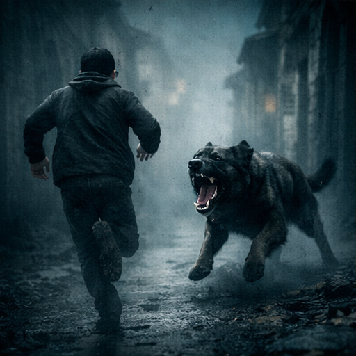 Pessoa fugindo de cachorro bravo em sonho simbolizando conflitos evitados e pressão emocional