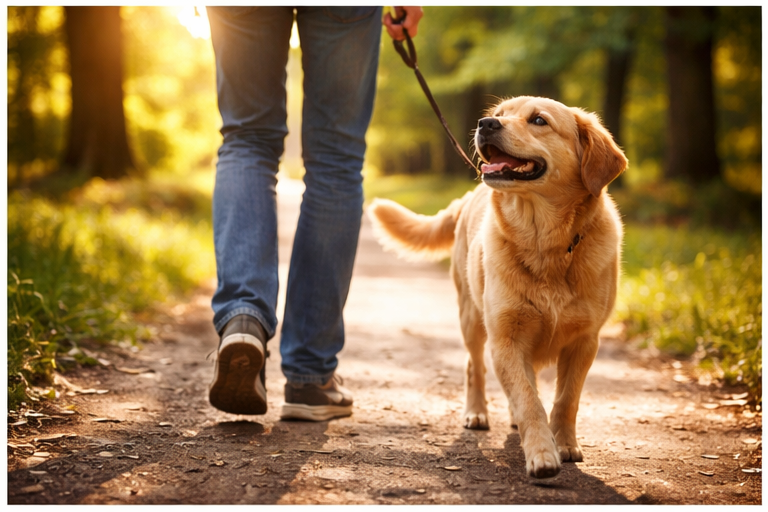 Pessoa caminhando com cachorro caramelo, representando lealdade e confiança