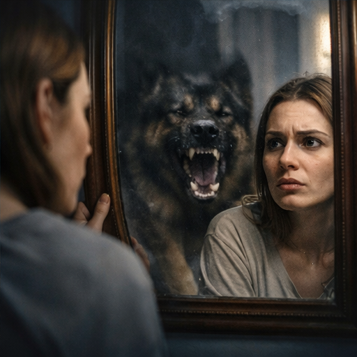 Mulher olhando para o espelho e vendo a imagem de um cachorro agressivo refletida, simbolizando medo interno.