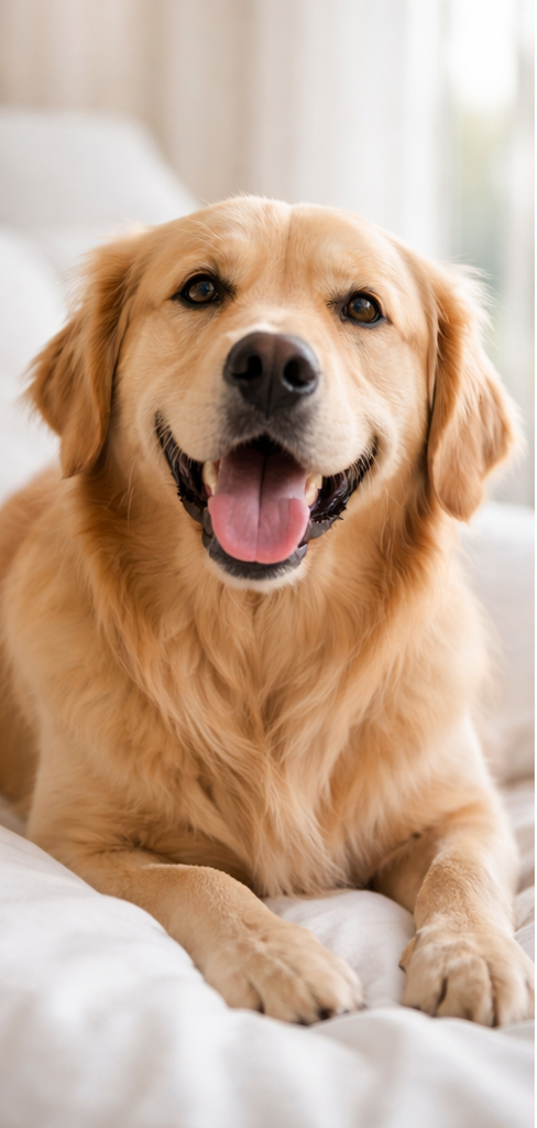 Cachorro dócil deitado com expressão calma, representando o significado de sonhar com cachorro dócil.