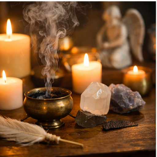 Velas acesas em ambiente espiritual representando o significado espiritual de sonhar com cachorro doente